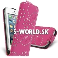 Kožený obal iPhone 5 - Flip Diamond - tmavo-ružová